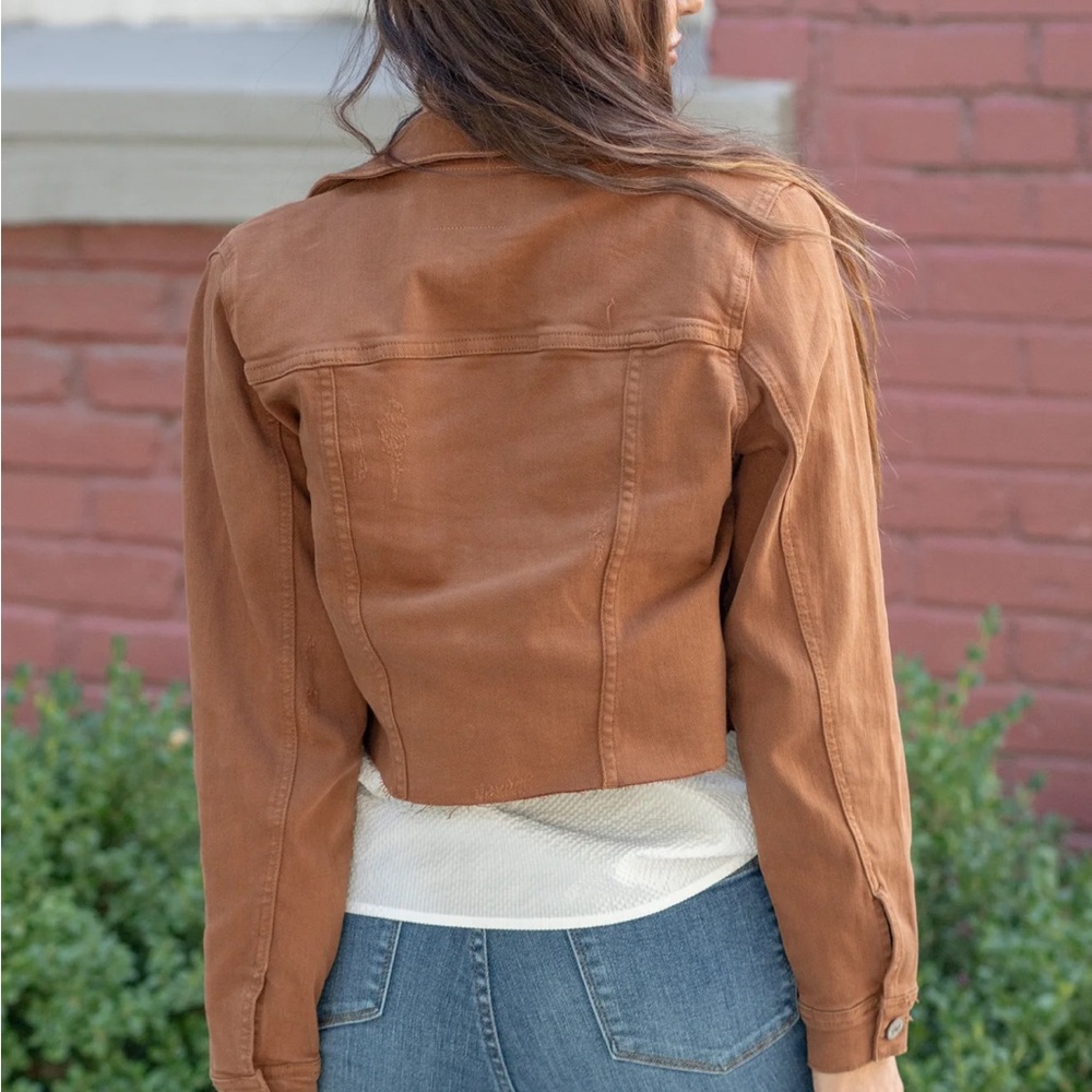 JUDY BLUE CAMEL GARMENT DYED GRINDING CROPPED DENIM JACKET LARGE - Picture 14 of 16